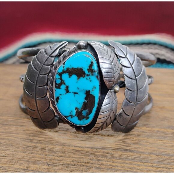 Vtg Native Old Pawn Navajo Bisbee Turquoise Sterling Silver Cuff Bracelet - Picture 2 of 10